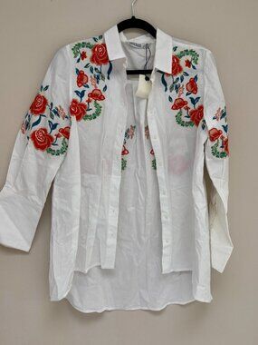 Zara Basic White Floral Embroidered Button Down Shirt Oversized NWT M